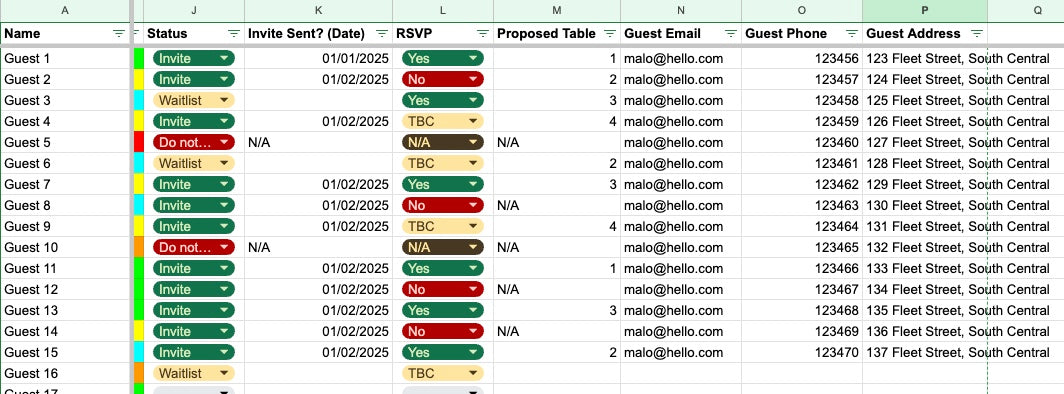 Wedding Guest List Spreadsheet | Organisational Planning Tool