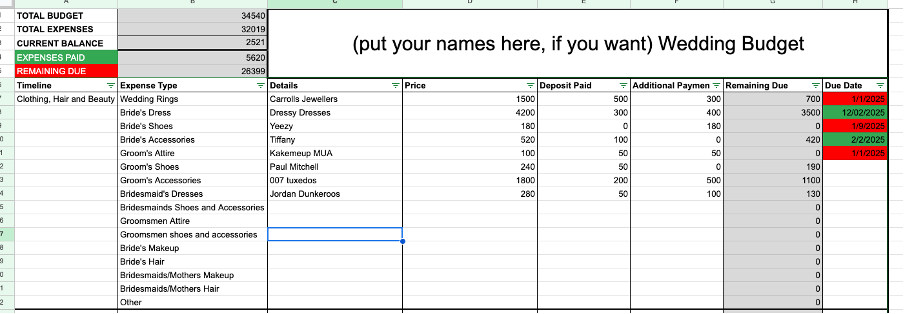 Wedding Budget Spreadsheet | Organisational Planning Tool